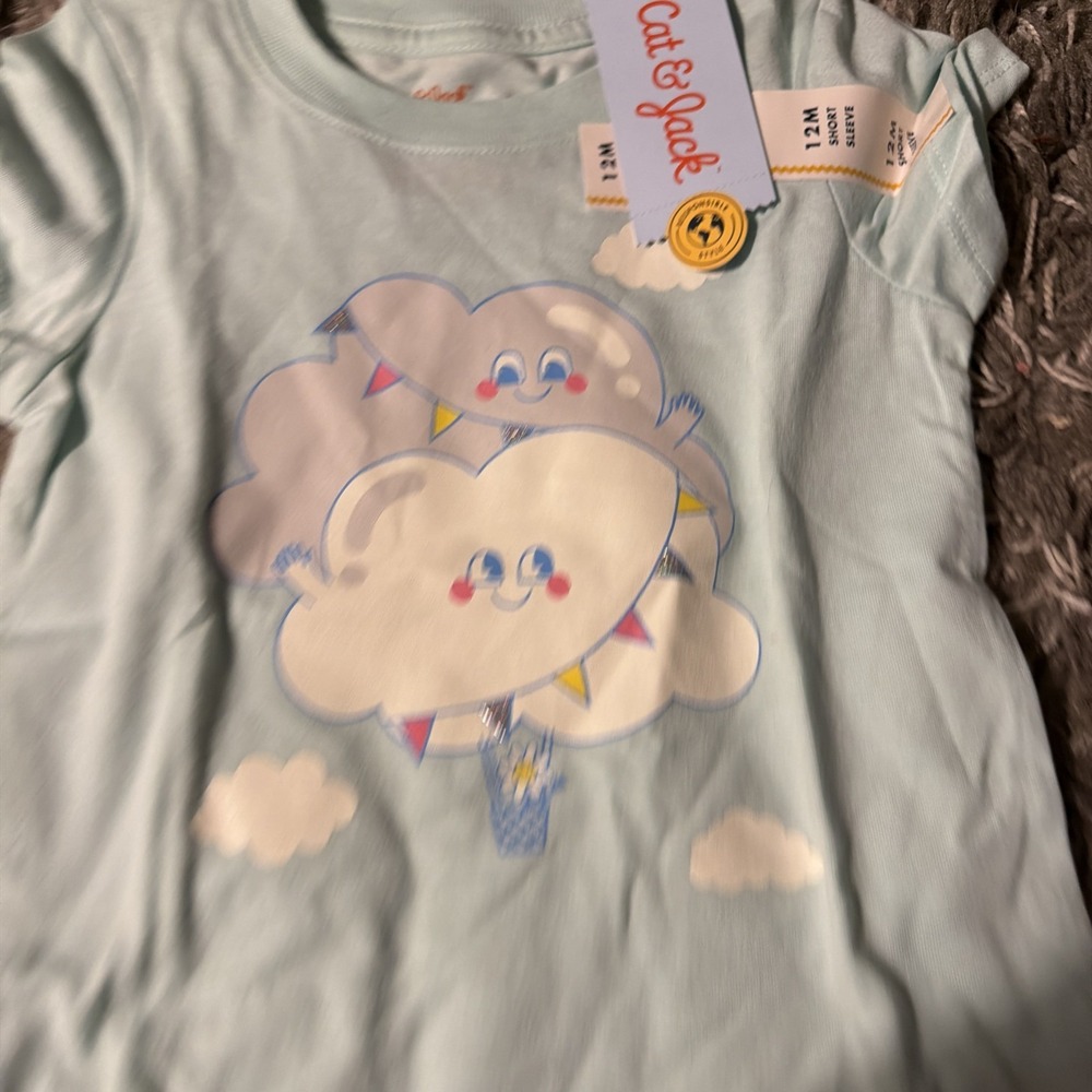 Cat & Jack Toddler Girl T-Shirt Size 12M Mint Cloud Graphic Short Sleeve NEW
